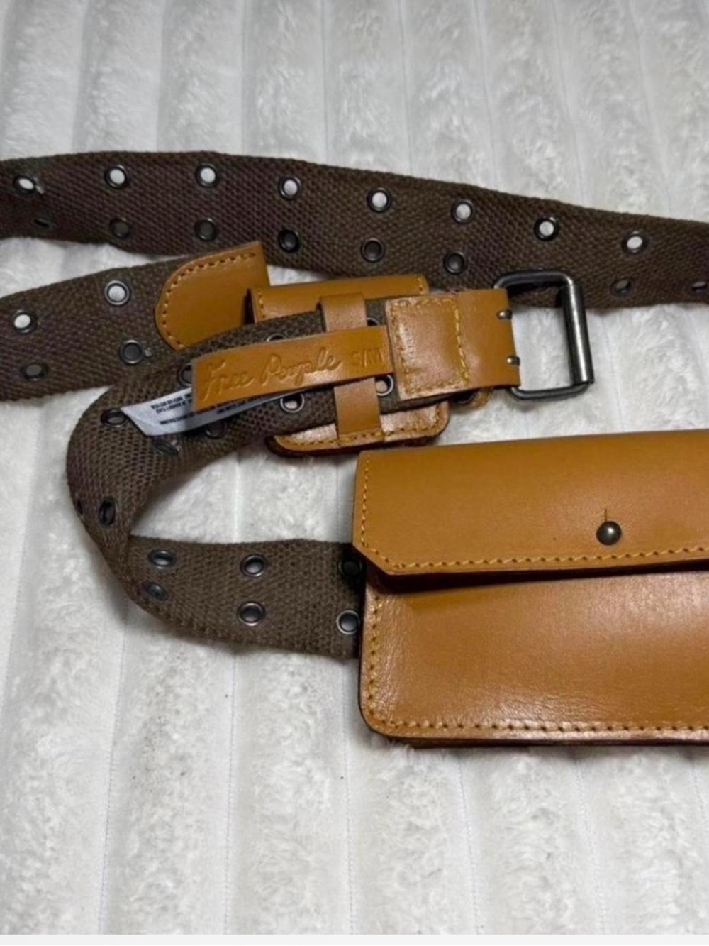 Free People Tan Leather Belt Bag with Brown Canvas Strap